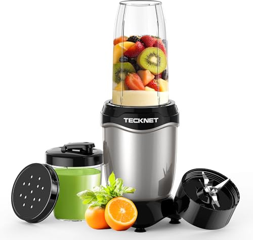 TECKNET Smoothie Maker, 600W Mini Mixer Smoothiemixer mit 4 Edelstahl Blatt, Tragbarer Standmixer 500ml Becher mit 150ml Flaschen BPA frei Tritan, Elektrischer Blender to go für Shake und Smoothie