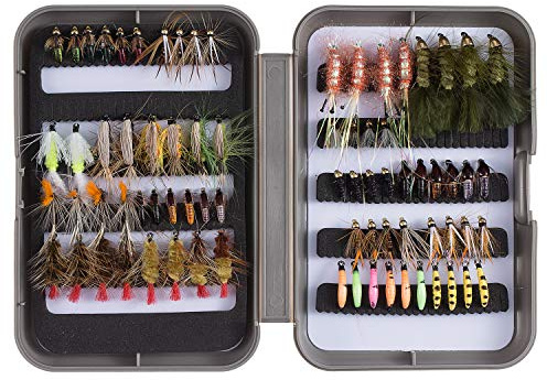 BASSDASH Fliegenfischen Fliegen-Set Fliegensortiment Forellen Barsch Angeln mit Fliegenbox mit Trockene/Nass Fliegen, Nymphen, Luftschlangen, Popper
