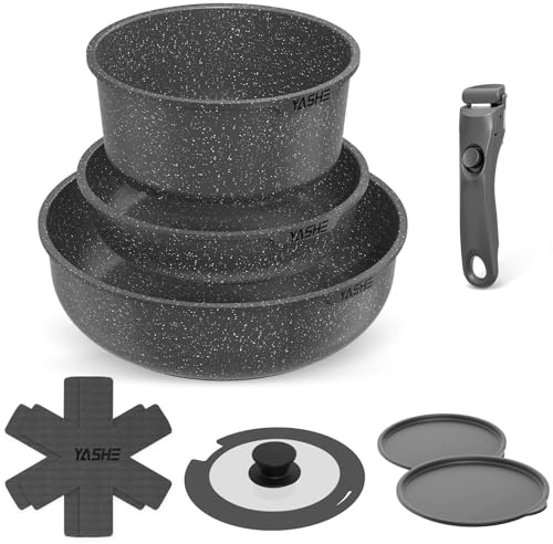 YASHE 9-teiliges Topf und Pfannenset, Antihaft-Kochgeschirr set,stapelbares TöPfe Set, Für Alle Herdarten, Abnehmbarer Griff, Ofenfest, Stapelbar Platzsparend, Schwarz, Grau