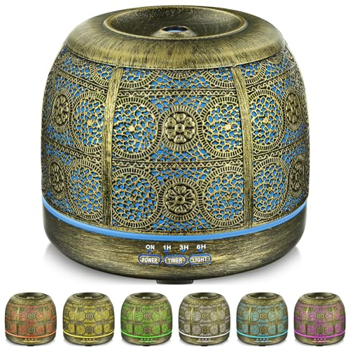 SALKING Aroma Diffuser, 500ml Metall Diffusor ätherische Öle 7 LED Licht | Aromatherapie Raumduft , Duftöl Raumbefeuchter Elektrisch Duftlampe, Vintage Gold für Büro Zuhause Yoga
