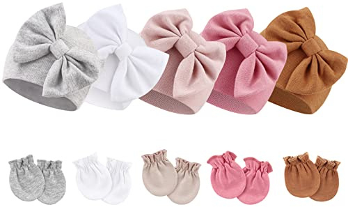 DRESHOW Neugeborene Baby Mütze Fäustlinge Krankenhaus Hut Beanie Säuglingshüte mit Schleife Baby Handschuhe