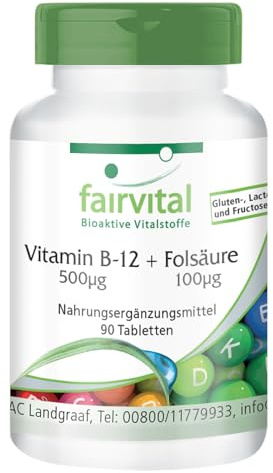 fairvital Vitamin B-12 Tabletten mit Folsäure, 90 Tabletten, schluckfreundlich, HOCHDOSIERT, mit 500µg Vitamin B12 & 100µg Folsäure pro Tablette, VEGAN