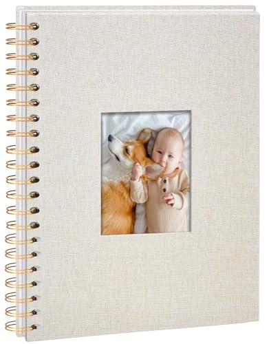 Vienrose Fotoalbum zum Selbstgestalten 28x20,5 cm, DIY Scrapbook Spiralalbum mit 20 Blätter 40 Weißen säurefreie Seiten, Leinen zum Einkleben für Hochzeit Baby Familien Jahrestag Geburtstag, Beige
