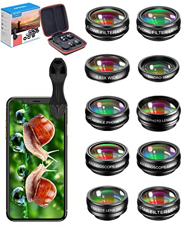 APEXEL 10 in 1 Handy Objektiv Kamera Linse Kit Weitwinkel&Makroobjektiv+Teleobjektiv+Fisheye objektiv+Kaleidoskop/CPL/Flow/Star/Radial Filter für iPhone 11 Pro Huawei P40 Samsung und mehr