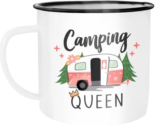 MoonWorks® Emaille-Tasse Camping Queen King Wohnwagen Geschenk Camper Campingurlaub Zubehör Emaille-weiss-schwarz standard