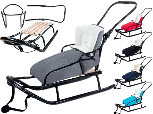 GagaDumi Oslo Schlitten aus Metall mit Rücklehne mit Sicherheitsgurte Schubbügel und Fußsack Babyschlitten Rodel Ideal für Kinder und Erwachsene Belastung bis 120 kg