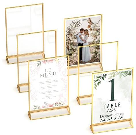 Goldener doppelseitiger Bilderrahmen - 6er-Pack - A6 Acryl Gold Tischkartenhalter, Aufsteller im Staffelei-Stil, Goldrahmen für Hochzeit Tischnummern, Speisekartenhalter, Fotorahmen (A6)