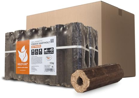 Holzbriketts PiniKay Octagon - Hartholzbriketts 20 kg (2x10 kg) - Briketts mit Zugloch für Kamin, Heizkessel & Ofen - Schnell entzündbar, hoher Heizwert & geringer Aschegehalt