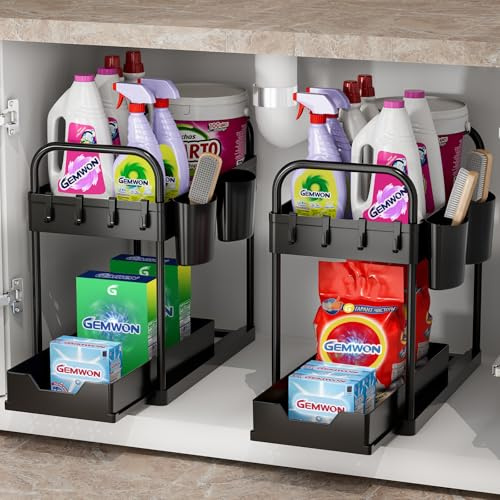 GEMWON 2X Küchen Organizer – 2 Etagen Unter Waschbecken Regal mit 4 Haken & 2 Bechern, Spülschrank Aufbewahrung, Badezimmer Regal, Ordnungssystem für Küche, Haushalt & Wohnen