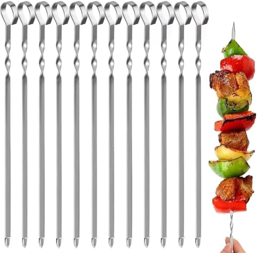 12 Stück Grillspieße, 39CM Grill Kabob Spieße Edelstahl Lange Spieße Schaschlikspieße Fleischspieße, für Lagerfeuer Oder Grillschale
