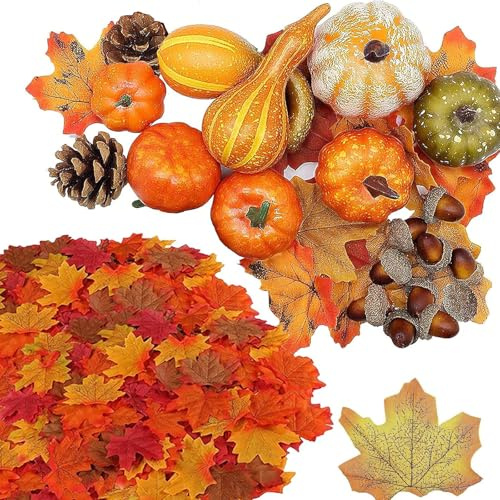 120 Stück Herbst Dekoration Set, künstliche Kürbisse, Ahornblättern, Eicheln, Beeren, Kürbis Deko für Drinnen Draußen Herbstliche Erntedankfest Halloween Thanksgiving Weihnachten Dekorationen