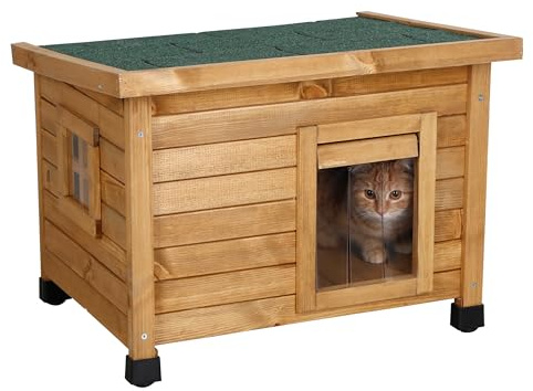 Kerbl Pet Katzenhaus Rustica, Braun/Grün, 57x45x43 cm, Holz, mit Schwingtüre, Plexiglasfenster, höhenverstellbare Kunststofffüße