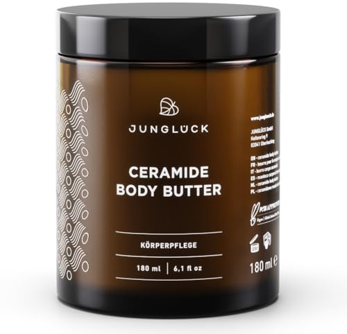 JUNGLÜCK Ceramide Body Butter - Vegan | Nährende Körperpflege schützt trockene, empfindliche und zu Neurodermitis neigende Haut - duftneutrale Body Butter mit 5 Ceramiden und BIO Mangobutter
