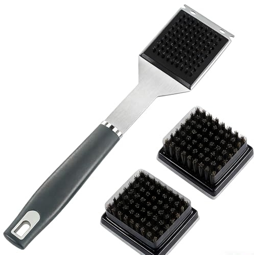 QH7 Grillbürste und Schaber für Barbecue, Borsten und extra Langer Griff, BBQ-Drahtbürste für Holzkohlegrill, Elektrogrill, Gasgrill, 2 Ersatzbürsten (Nicht über offener Flamme verwenden) (40X6X5)