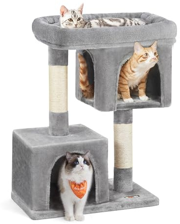 Feandrea Kratzbaum, 84 cm Katzenbaum, L, Katzenhaus für große Katzen bis zu 7 kg, große Plattform, 2 Katzenhöhlen, Sisalstämme, hellgrau PCT61W