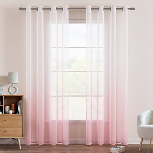 EMEMA Gardinen mit Ösen 2er Transparent Rosa Voile Vorhänge H215xB140cm | Vorhang mit Ösen Farbverlauf Dekoschal Fensterschal für Schlafzimmer und Wohnzimmer Transparent Vorhänge Voile Sheer Gardine
