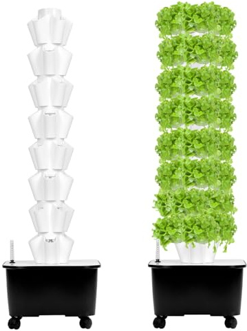 QWORK® Hydroponik Turm Kit 8 Etagen 40 Löcher Pflanzturm Hydroponisches Anzuchtsystem für Kräuter, Obst und Gemüse