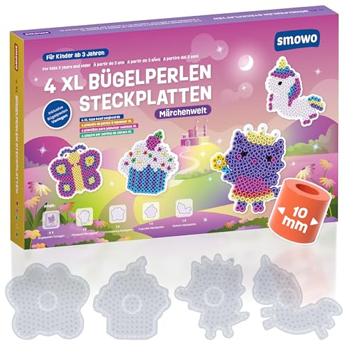 Smowo® 10mm Bügelperlen Steckplatten Märchenwelt - Set mit 4 Platten und Vorlagen - Einhorn, Prinzessin, Schmetterling, Cupcake - Große Maxi Stiftplatten für Kinder ab 3 Jahren