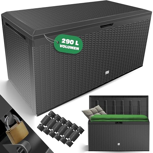 KESSER® Auflagenbox Kissenbox 𝟮𝟵𝟬𝗟, Klicksystem, mit Rollen & Haltegriffen, Deckel mit Hubautomatik, abschließbar, bis zu 290kg, Gartenbox Wasserdicht, Vielseitige Kissenbox, Rattanoptik-Anthrazit