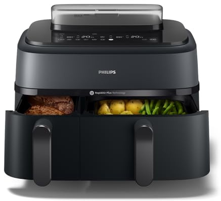 Philips Steam Airfryer 5000 Series Dual Basket Heißluftfritteuse mit Dampfgar-Funktion & 2 Körben – Steam, Airfry, SteamFry, 9L (3L+6L), RapidAir Plus, automatische Dampfreinigung (NA550/00)