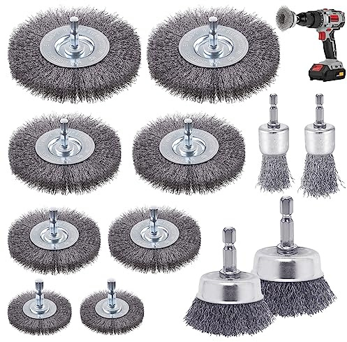 12 Stück Drahtbürste Bohrmaschine, 6mm Stahlbürste Akkuschrauber mit Sechskantstange Drahtbürsten Set, Drahtbürste Akkuschrauber, für Schleifen, Polieren, Entrosten, Reinigen und Vibrationsdämpfen
