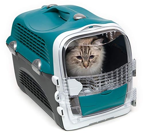 Catit Cabrio Carrier, Transportbox fuer Katzen, 51 x 33 x 35cm, tuerkis/grau