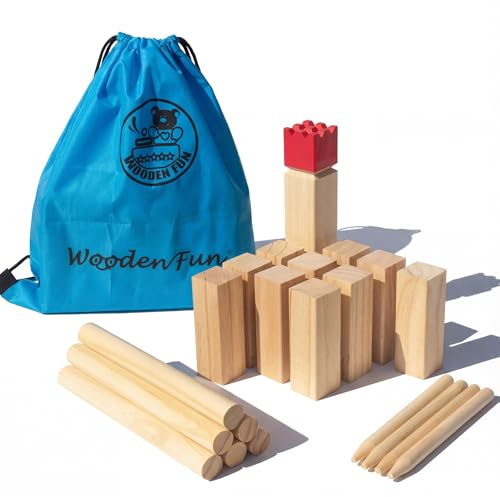 WoodenFun Original Kubb Wikinger Spiel im Freien Outdoor Holz Schwedenschach mit Beutel Party Spiele für Kinder und Erwachsene