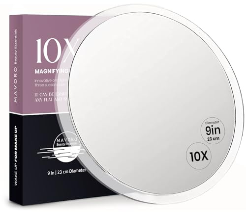 Mavoro 23 cm Vergrößerungsspiegel mit 3 starken Saugnäpfen | 10X Vergrößerung | Tragbarer Reise Make-up- & Kosmetikspiegel (10X)