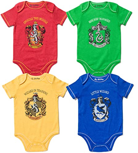 Harry Potter Gryffindor Hufflepuff Ravenclaw Slytherin Neugeborene Baby Jungen 4er-Pack Bodys Größe 6–9 Monate