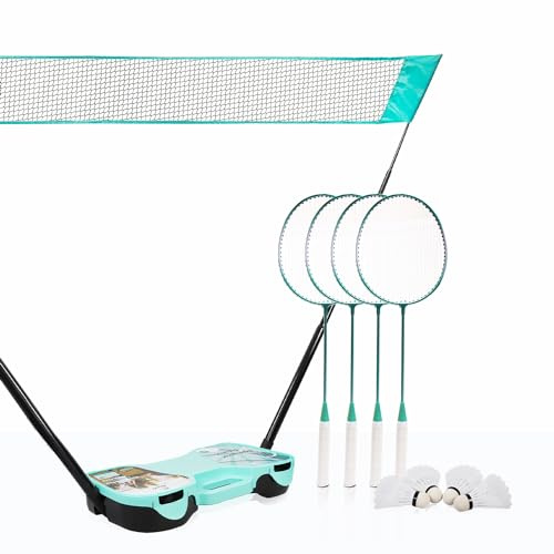 ENOVI EasyGo Badminton Set mit Netz, 4 Schläger 4 Federbälle, Tragbare Aufbewahrungsbox für Hinterhöfe, Outdoor-Spiele, Hofspiele