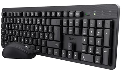 Trust Ymo II Leise Tastatur Maus Set Kabellos Deutsches QWERTZ Layout, Flachen Tasten, Spritzwassergeschützt, Beidhändig Funkmaus 800-1600 DPI, EIN USB-Empfänger, für PC, Computer, Laptop, Mac