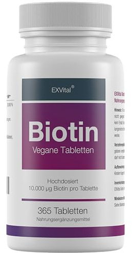 Biotin, EXVital für Haare, Haut und Fingernägel, hochdosiert, 10.000 µg, 365 Tabletten in deutscher Premiumqualität