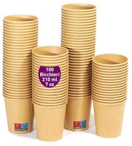100 Einweg-Kraftpapierbecher 210 ml / 7 oz. Robust, auslaufsicher. Ideal für Kaffee, Tee und Erfrischungsgetränke. Geruchsfrei. Kraftbecher