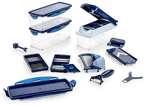 Genius Nicer Dicer Plus (18 Teile) in saphirblau - Obstschneider Zwiebelschneider Pommesschneider Tomatenschneider Gemüseschneider - Würfel, Stifte, Scheiben, Streifen