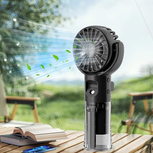 Xevinas Handventilator mit Wasserkühlung, Tragbarer Handventilator Akku Aufladbar, 4 Modi Und SchlüSselband Handventilator mit Wasser, Hand Ventilatoren Mini Für Büro, Reise, Camping (Schwarz)