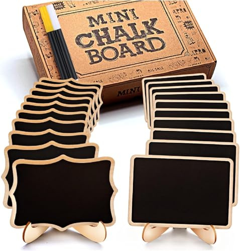 OleOletOy 20 STK. Abwischbare Mini Tafel mit Löschbar Kreidemarker - Klein Holz Kreidetafel mit Ständer- als Tischkarten Platzkarte Namensschild Preisschilder für Hochzeit, Geburtstag usw. Verwenden