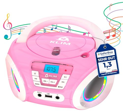 KLIM Candy Kids CD Player für Kinder - NEU - UKW-Radio - Inklusive Batterien - Rosa - Boombox tragbar - CD Spieler Kinder- mit Lautsprechern, Kleinkinder (Pink)