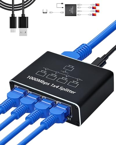 LAN Splitter 1 auf 4, 1000 Mbps LAN Switch 4 Port Gigabit LAN Switch 4 Port, Ethernet Switch mit USB C Netzkabel für Computer,Hub,Switch, Router, Set-Top Box, ADSL, Digital TV,et