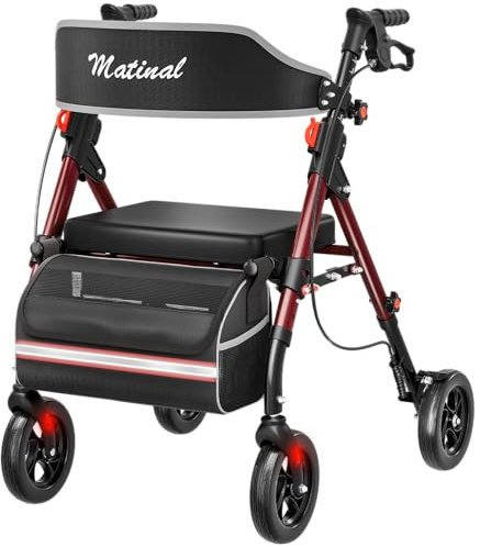 Matinal Leichtgewicht Rollator faltbar mit Sitz, 6-fach höhenverstellbar, Bis (160 kg) belastbar, 8-Zoll All-Terrain-Reifen, Robuste Aluminium-Laufhilfe Ideal für Indoor & Outdoor(Weinrot)