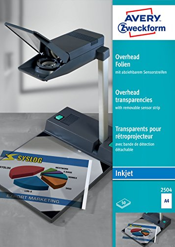 AVERY Zweckform 2504 Overhead-Folien für Inkjetdrucker (50 Transparentfolien, A4, spezialbeschichtet, stapelverarbeitbar, abziehbarer Sensorstreifen an kurzer Seite, Folienstärke 0,11mm)