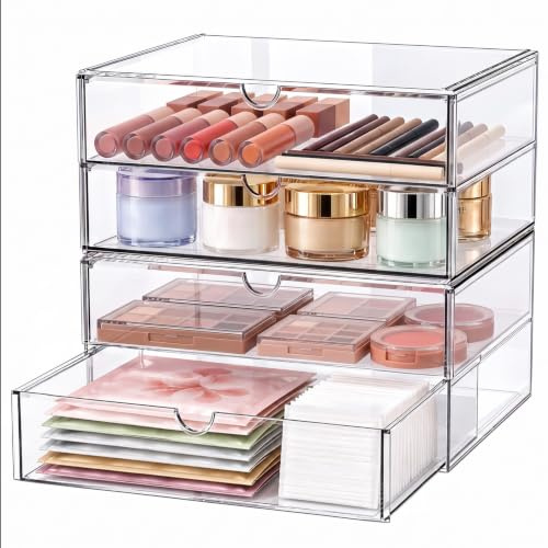 SortNStore Kosmetik-Organizer 4 Schubladen, 2er-Set Acryl, Anti-Rutsch-Pads | Stapelbare Schubladenbox für Schminktisch, Schlafzimmer, Badezimmer