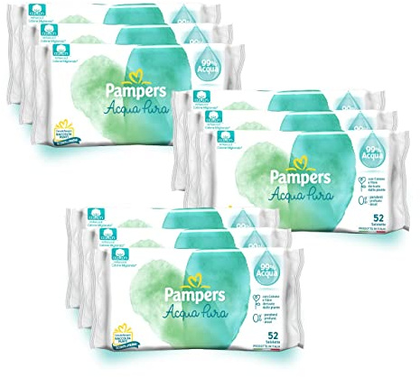 Pampers Reines Wasser Feuchttücher für Babys und Kinder, 468 Einheiten (3 Packungen), 99% Wasser und Baumwolle, 100% Pflanzenfasern, zarte Haut, ohne zusätzliche Duftstoffe, 0% Kunststoff, Alkohol