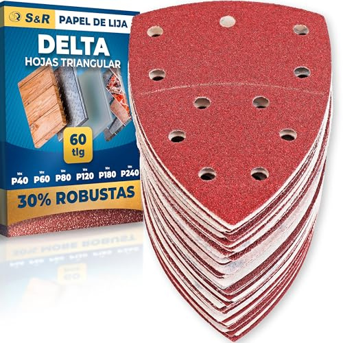 S&R Klett-Schleifpapier Set 105x152 mm (93x93x93 mm) – 60-teilig für Delta- & Dreieckschleifer: Ideal für Holz, Metall, Kunststoff & mehr - Körnung P40 bis P240, 11-Loch, langlebig und effizient