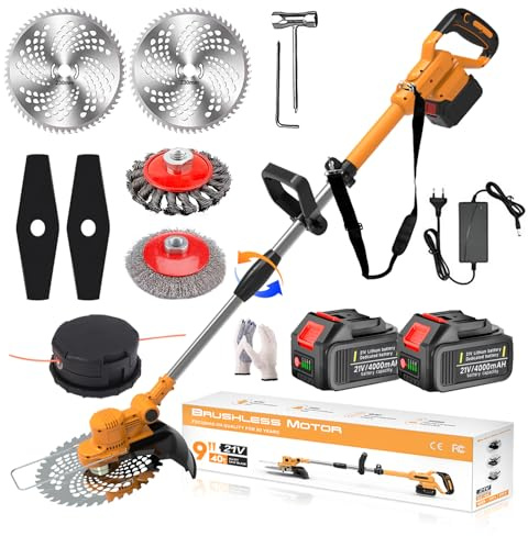Rasentrimmer mit Akku und Unkrautbürste, 21V Bürstenloser Freischneider Akku Elektro Motorsense mit 4 Klingentypen & Ladegerät, Verstellbarer Griff, 90°Schwenkbarem Kopf, Orange,b