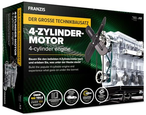 Franzis 67175 - Der große Technikbausatz 4-Zylinder-Motor, hochwertiger Modell-Bausatz im Maßstab 1:3, 100 Bauteile zum Stecken und Schrauben, inkl. Soundmodul, Anleitung und Begleitbuch