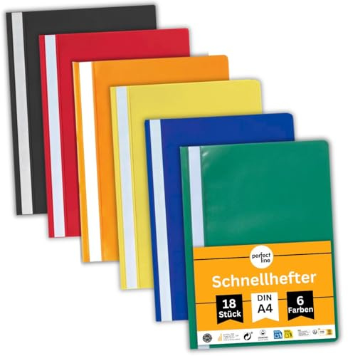 perfect line - 18 Schnellhefter (PP) DIN-A4, 6 Farben, recycelbarer Kunststoff (PP), mit Beschriftungsstreifen, kaufmännischer Heftung, dokumentenecht, säurefrei (Intensiv - 6 Farben)
