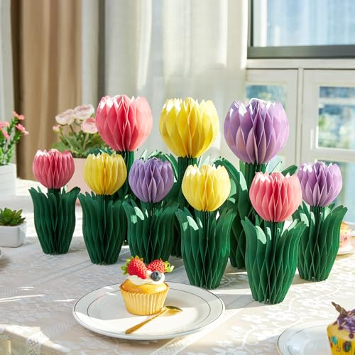 SUNBEAUTY 9 Stück 3D Tulpen Wabenbälle Rosa Lila Papier Blumen Dekoration Gelb Tulpe Dekor für Garten Party Dekoration Frühling Deko Tischdekoration Geburtstag Hochzeit Home Hotel