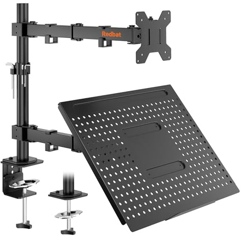 Redbat Monitorarm mit Laptopfach, Dual Screens, Voll einstellbar für 13 bis 32 Zoll LCD LED Bildschirm bis 8kg & Notebook bis 16 Zoll, Neigen, Schwenken & Drehen, 2 Befestigungsmöglichkeiten