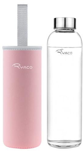 Ryaco Trinkflasche aus Glas 1 liter/1L/1000ml,Glasflasche mit Neoprenhülle,Glastrinkflasche mit Schraubverschluss,Wasserflasche Glas für heiße kalte Getränke,spülmaschinenfest