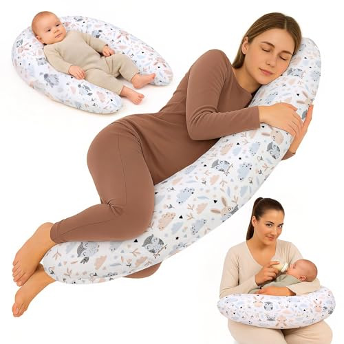 Stillkissen XXL Schwangerschaftskissen 190 cm Nursing Pillow ergonomisch | Body Pillow für verschiedene Stillpositionen entlastet nach Kaiserschnitt Lagerungskissen formstabil pflegeleicht – Eulen
